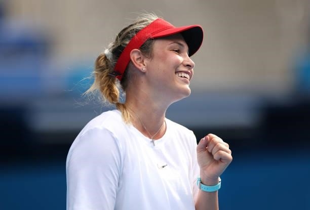 Donna Vekic of Team Croatia celebrates after match point during her Women's Singles Second Round match against Aryna Sabalenka of Team Belarus on day...