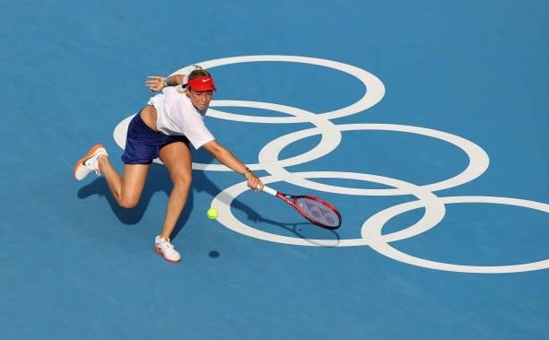 Donna Vekic of Team Croatia plays a backhand during her Women's Singles Second Round match against Aryna Sabalenka of Team Belarus on day three of...
