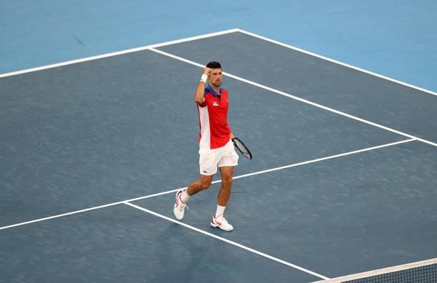 Novak Djokovic of Team Serbia celebrates after match point during his Men's Singles Second Round match against Jan-Lennard Struff of Team Germany on...