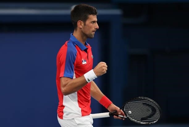 Novak Djokovic of Team Serbia celebrates after a point during his Men's Singles Second Round match against Jan-Lennard Struff of Team Germany on day...