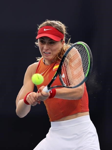 Paula Badosa of Team Spain plays a backhand during her Women's Singles Second Round match against Iga Swiatek of Team Poland on day three of the...