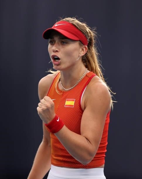 Paula Badosa of Team Spain celebrates after a point during her Women's Singles Second Round match against Iga Swiatek of Team Poland on day three of...