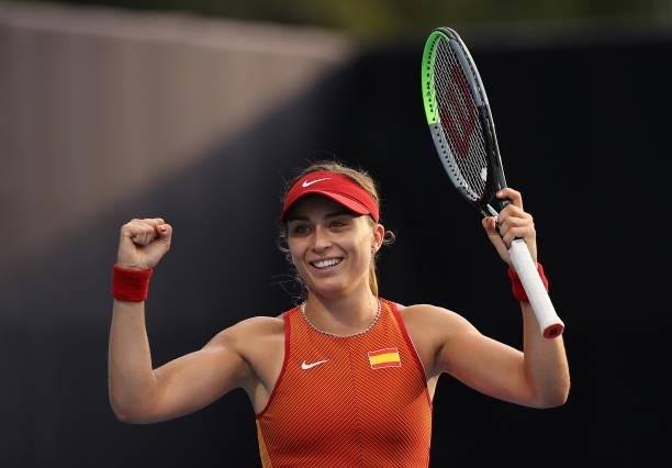 Paula Badosa of Team Spain celebrates after match point during her Women's Singles Second Round match against Iga Swiatek of Team Poland on day three...