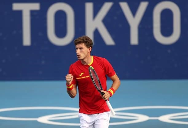 Pablo Carreno Busta of Team Spain celebrates after a point during his Men's Singles Second Round match against Marin Cilic of Team Croatia on day...