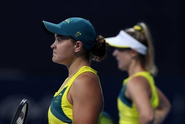 Ashleigh Barty of Team Australia and Storm Sanders of Team Australia play Yifan Xu of Team China and Zhaoxuan Yang of Team China during their Women's...