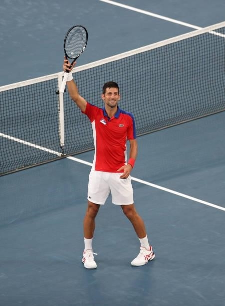 Novak Djokovic of Team Serbia celebrates after match point during his Men's Singles Second Round match against Jan-Lennard Struff of Team Germany on...