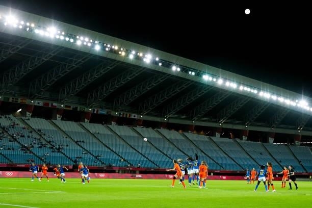 Janssen Dominique of Netherlands free kick and the general view of Miyagi Stadium during the Women's First Round Group F match on day one of the...