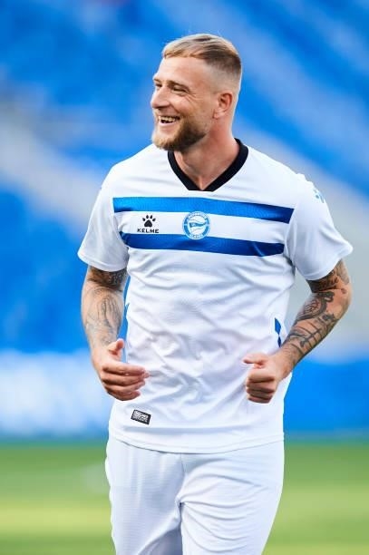 John Guidetti of Deportivo Alaves reacts during the Friendly Match between Real Sociedad and Deportivo Alaves on July 24, 2021 in San Sebastian,...
