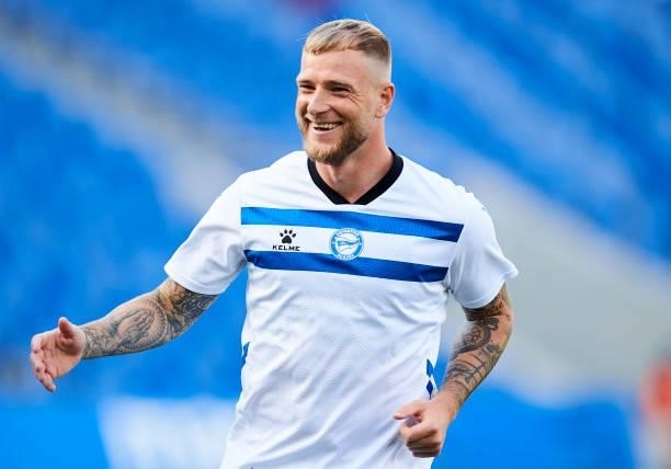 John Guidetti of Deportivo Alaves reacts during the Friendly Match between Real Sociedad and Deportivo Alaves on July 24, 2021 in San Sebastian,...