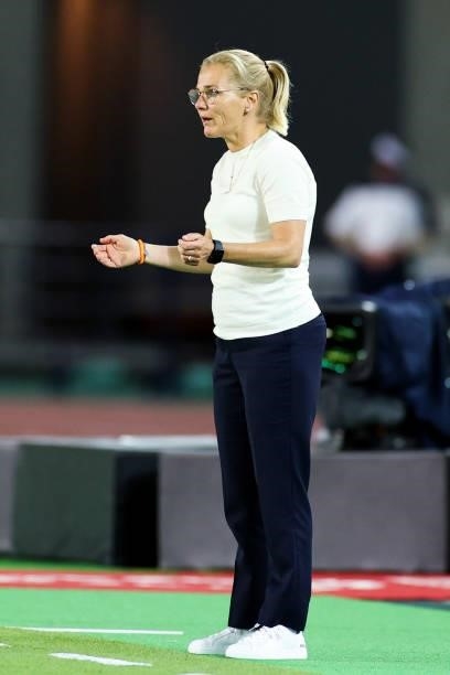 Wiegman Sarina head coach of Netherlands looks on during the Women's First Round Group F match on day one of the Tokyo 2020 Olympic Games at Miyagi...