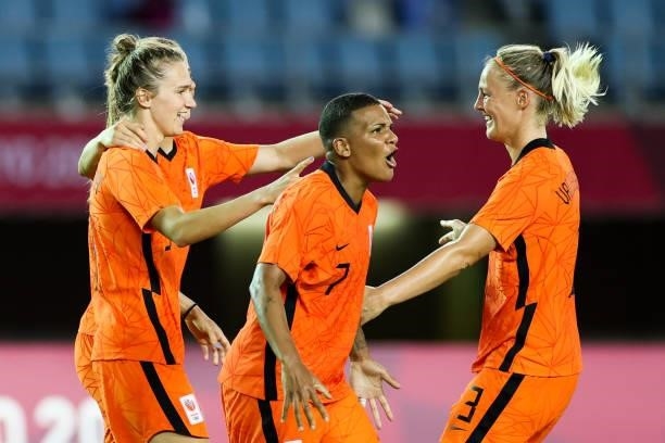 Miedema Vivianne of Netherlands celebrates her scoring with teammates during the Women's First Round Group F match on day one of the Tokyo 2020...