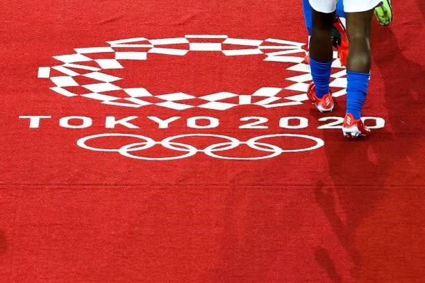Logo of Tokyo 2020 during the Women's First Round Group F match on day one of the Tokyo 2020 Olympic Games at Miyagi Stadium on July 24, 2021 in...