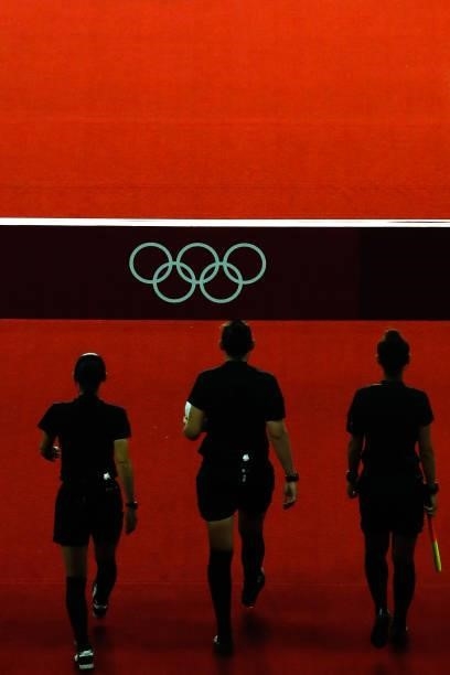 Referee walk into Miyagi Stadium during the Women's First Round Group F match on day one of the Tokyo 2020 Olympic Games at Miyagi Stadium on July...