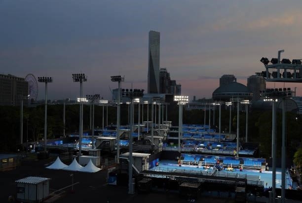 The sun sets on the outside courts on day three of the Tokyo 2020 Olympic Games at Ariake Tennis Park on July 26, 2021 in Tokyo, Japan.