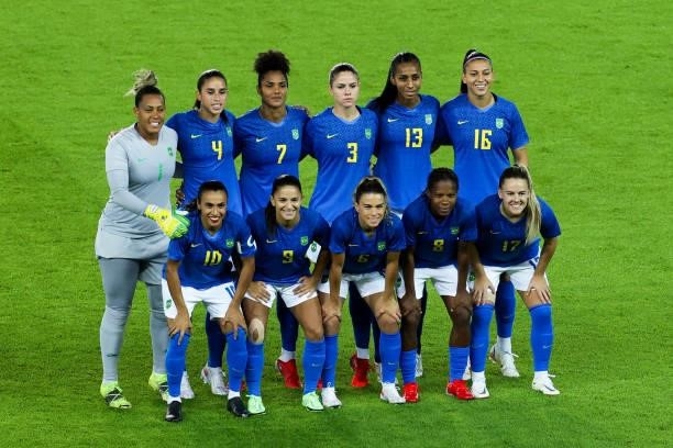 Players of Brazil line up during the Women's First Round Group F match on day one of the Tokyo 2020 Olympic Games at Miyagi Stadium on July 24, 2021...