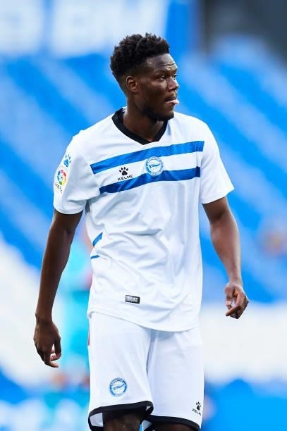 Mamadou Loum N'Diaye of Deportivo Alaves reacts during the Friendly Match between Real Sociedad and Deportivo Alaves on July 24, 2021 in San...