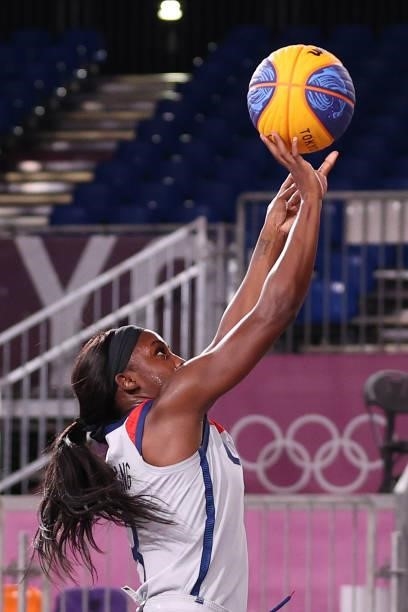 Jacquelyn Young of Team United States shoots in the 3x3 Basketball competition on day three of the Tokyo 2020 Olympic Games at Aomi Urban Sports Park...