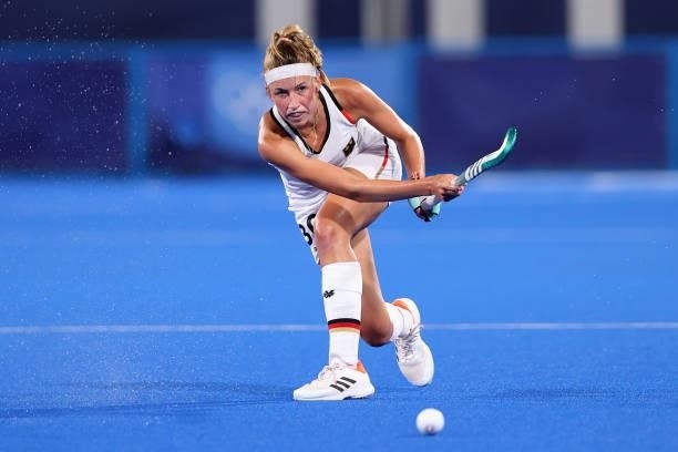 Hanna Carina Granitzki of Team Germany passes the ball during the Women's Preliminary Pool A match between Germany and India on day three of the...