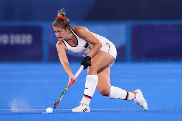 Sonja Zimmermann of Team Germany controls the ball during the Women's Preliminary Pool A match between Germany and India on day three of the Tokyo...