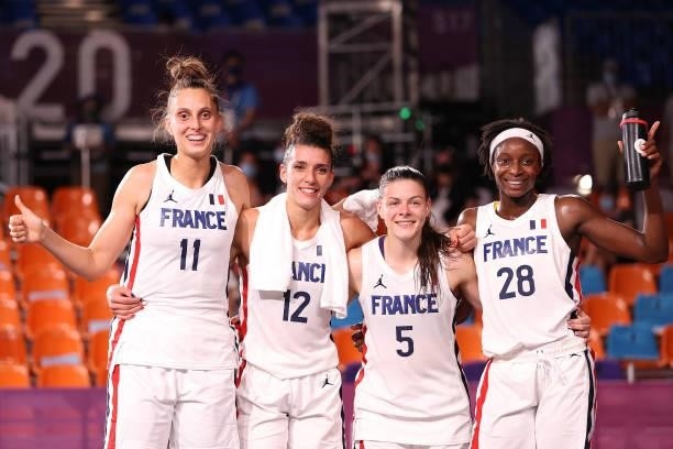 Ana Maria Filip, Laetitia Guapo, Marie-Eve Paget and Mamignan Toure of Team France pose for a portrait after their game in the 3x3 Basketball...