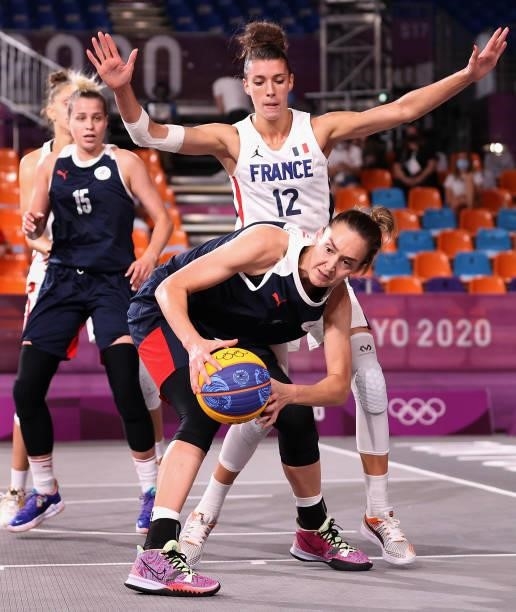 Anastasiia Logunova of Team ROC competes for the ball in the 3x3 Basketball competition on day three of the Tokyo 2020 Olympic Games at Aomi Urban...