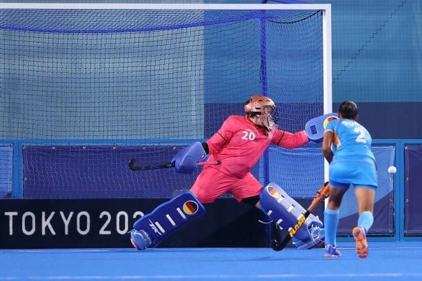 Julia Sonntag of Team Germany saves a penalty stroke from Gurjit Kaur of Team India during the Women's Preliminary Pool A match between Germany and...