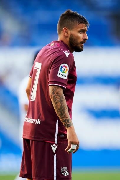 Cristian Portugues of Real Sociedad reacts during the Friendly Match between Real Sociedad and Deportivo Alaves on July 24, 2021 in San Sebastian,...