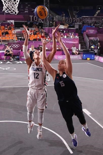 Laetitia Guapo of Team France and Olga Frolkina of Team ROC competes for the rebound in the 3x3 Basketball competition on day three of the Tokyo 2020...