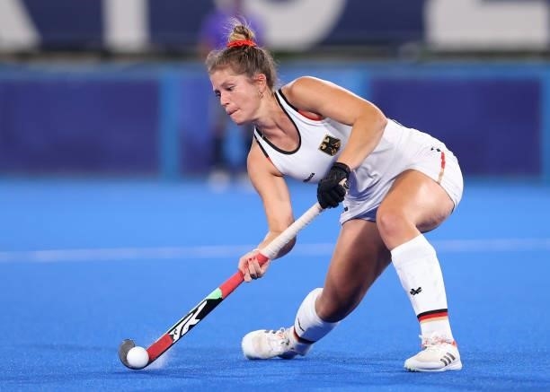 Sonja Zimmermann of Team Germany controls the ball during the Women's Preliminary Pool A match between Germany and India on day three of the Tokyo...