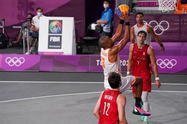 Dimeo van der Horst of Team Netherlands during the Men's Pool Round match between Netherlands and Belgium in the 3x3 Basketball competition on day...