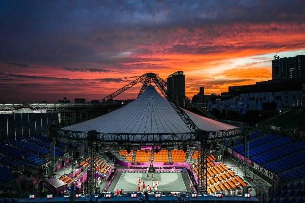 General overview of the court and the sunset during the Men's Pool Round match between Netherlands and Belgium in the 3x3 Basketball competition on...