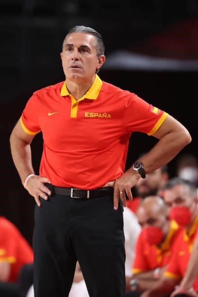 Head Coach Sergio Scariolo of Team Spain reacts during the second half of the Men's Preliminary Round Group C game against Japan on day three of the...