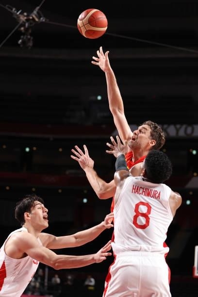 Pau Gasol of Team Spain shoots over Rui Hachimura of Team Japan during the second half of the Men's Preliminary Round Group C game on day three of...