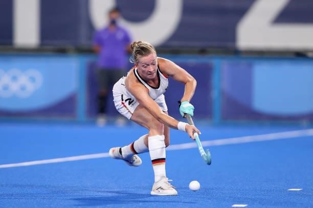 Franzisca Hauke of Team Germany passes the ball during the Women's Preliminary Pool A match between Germany and India on day three of the Tokyo 2020...