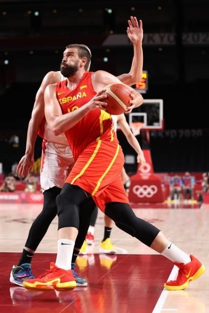 Marc Gasol of Team Spain drives to the basket against Japan during the second half of the Men's Preliminary Round Group C game on day three of the...