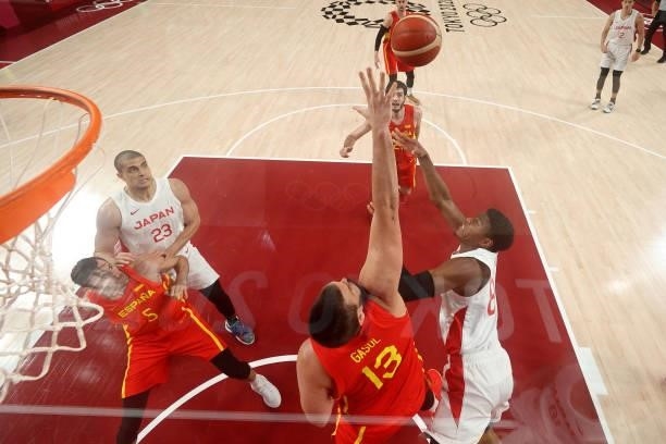 Marc Gasol of Team Spain blocks a shot by Rui Hachimura of Team Japan during the second half of the Men's Preliminary Round Group C game on day three...