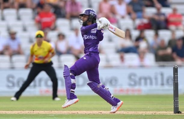 Superchargers batter Jemimah Rodrigues hits out during the Hundred match between Trent Rockets and Northern Superchargers at Trent Bridge on July 26,...