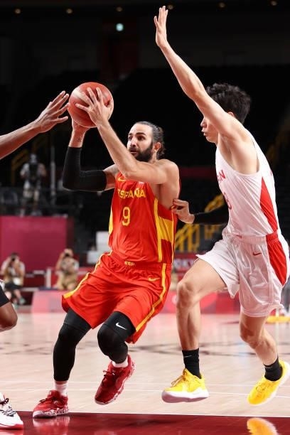 Ricky Rubio of Team Spain drives to the basket against Yudai Baba of Team Japan during the second half of the Men's Preliminary Round Group C game on...
