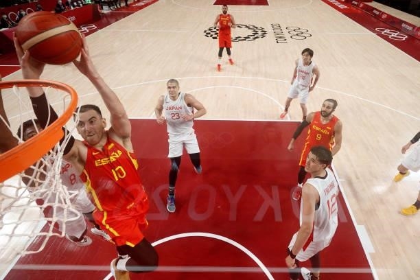 Victor Claver of Team Spain goes up for a dunk against Japan during the first half of the Men's Preliminary Round Group C game on day three of the...
