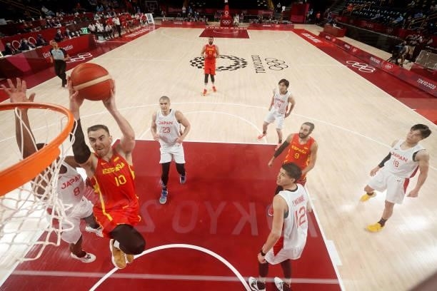 Victor Claver of Team Spain goes up for a dunk against Japan during the first half of the Men's Preliminary Round Group C game on day three of the...
