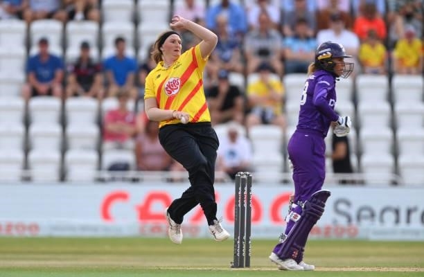 Rockets bowler Sammy-Jo Johnson in bowling action during the Hundred match between Trent Rockets and Northern Superchargers at Trent Bridge on July...