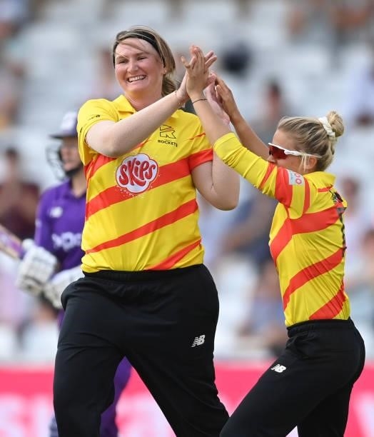 Sammy-Jo Johnson of Trent Rockets celebrates with Lucy Higham after dismissing Hollie Armitage of Northern Superchargers during The Hundred match...