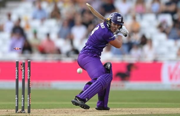 Laura Kimmince of Northern Superchargers is bowled during The Hundred match between Trent Rockets and Northern Superchargers at Trent Bridge on July...