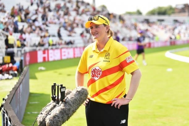 Sammy-Jo Johnson of Trent Rockets gives a TV interview during The Hundred match between Trent Rockets and Northern Superchargers at Trent Bridge on...