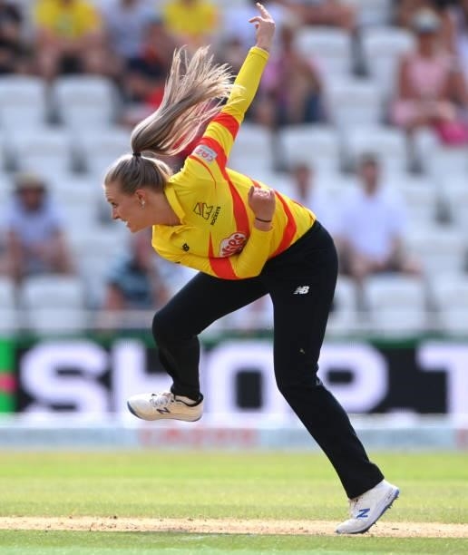 Rockets bowler Sarah Glenn in bowling action during the Hundred match between Trent Rockets and Northern Superchargers at Trent Bridge on July 26,...