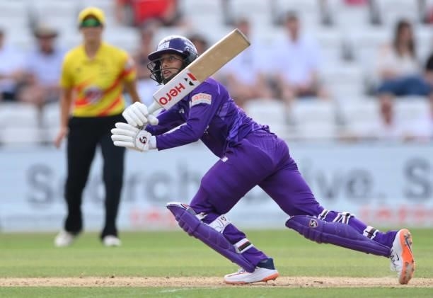 Superchargers batter Jemimah Rodrigues hits out during the Hundred match between Trent Rockets and Northern Superchargers at Trent Bridge on July 26,...