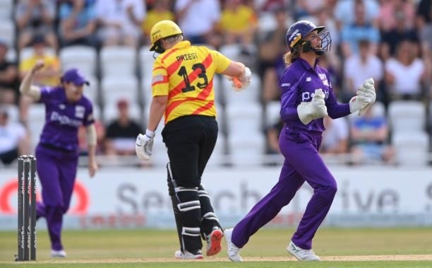 Superchargers wicketkeeper Lauren Winfield-Hill celebrates the wicket of Rockets batter Rachel Priest during the Hundred match between Trent Rockets...