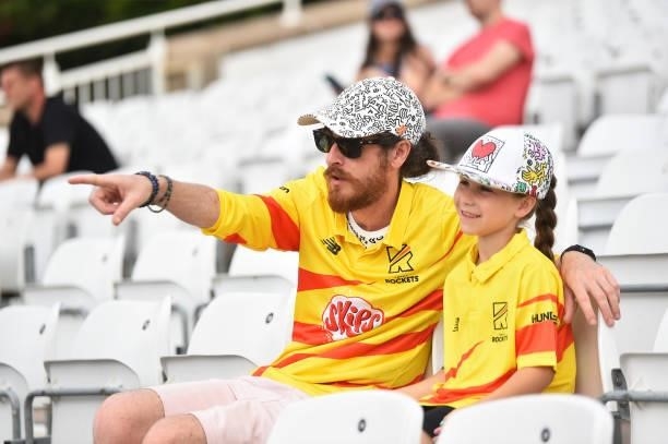 Fans enjoy the atmosphere during The Hundred match between Trent Rockets and Northern Superchargers at Trent Bridge on July 26, 2021 in Nottingham,...