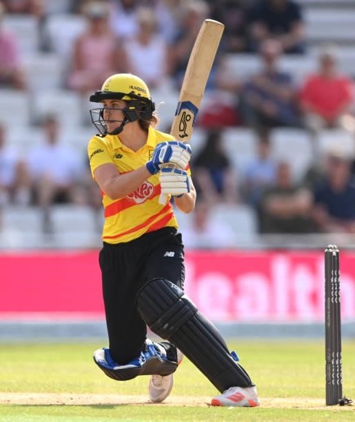 Rockets batter Natalie Sciver hits out during the Hundred match between Trent Rockets and Northern Superchargers at Trent Bridge on July 26, 2021 in...