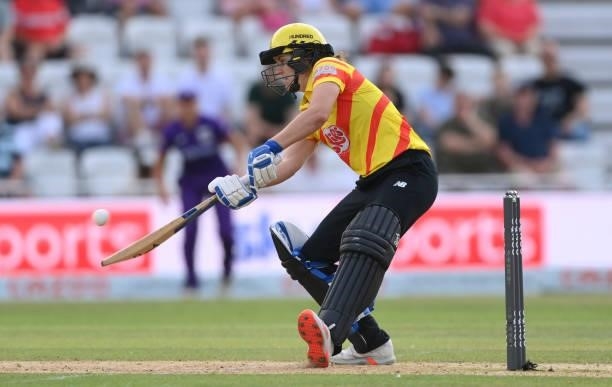Rockets batter Natalie Sciver plays a ramp shot during the Hundred match between Trent Rockets and Northern Superchargers at Trent Bridge on July 26,...